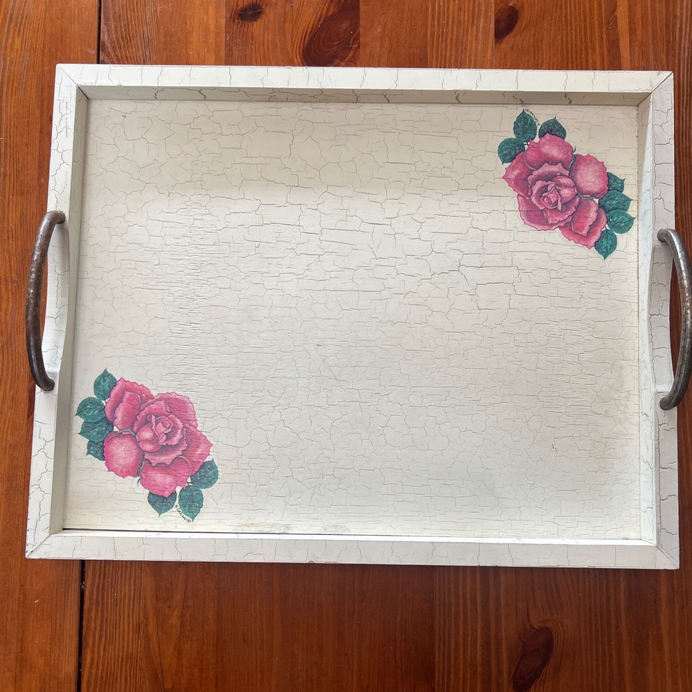 Vintage B Collins Rose Floral Wooden Serving Tray Crackle Finish Metal Handles